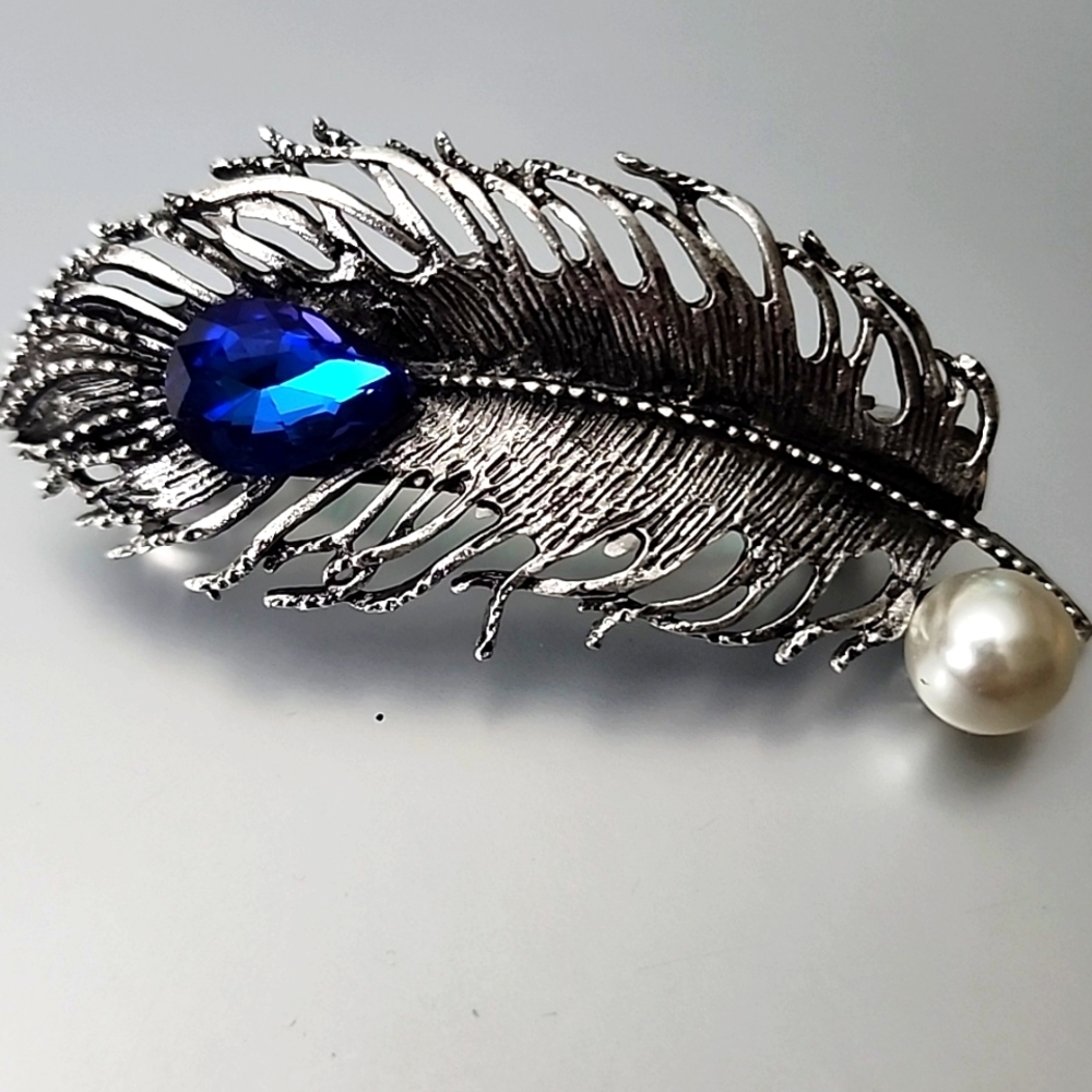 SILVER and  BLUE  Feather Hair Accessory with Peacock Design